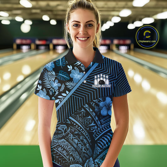 Black and Blue tribal pattern Bowling Polo, 1/4 zip Shirts For Women Custom Team Bowling Jerseys NQS11468