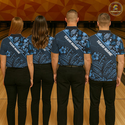 Black and Blue tribal pattern Bowling Polo, 1/4 zip Shirts For Men Custom Team Bowling Jerseys NQS11468