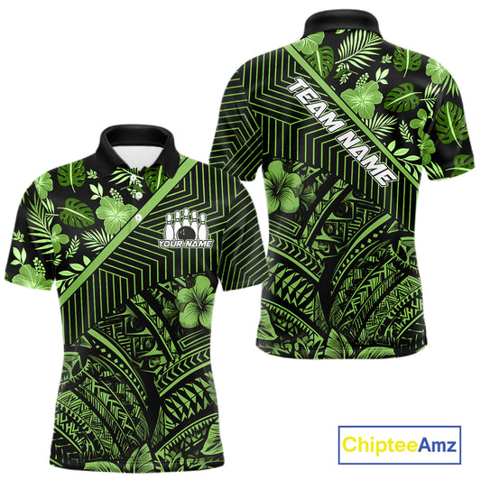 Black and Green tribal pattern Bowling Polo, 1/4 zip Shirts For Men Custom Team Bowling Jerseys NQS11469