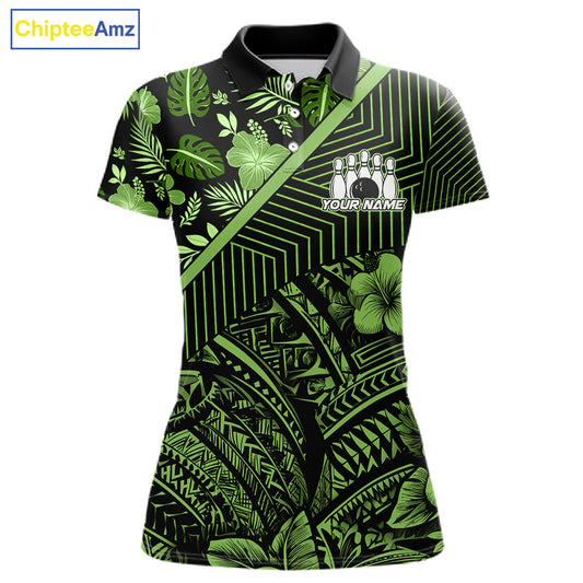 Black and Green tribal pattern Bowling Polo, 1/4 zip Shirts For Women Custom Team Bowling Jerseys NQS11469