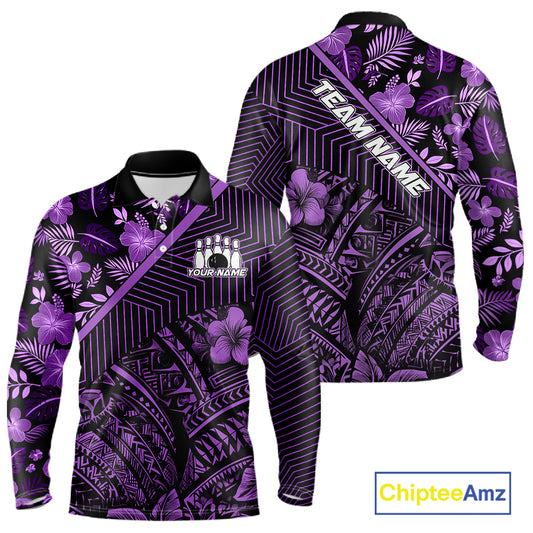 Black and Purple tribal pattern Bowling Polo, 1/4 zip Shirts For Men Custom Team Bowling Jerseys NQS11470