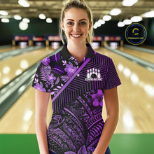 Load image into Gallery viewer, Black and Purple tribal pattern Bowling Polo, 1/4 zip Shirts For Women Custom Team Bowling Jerseys NQS11470