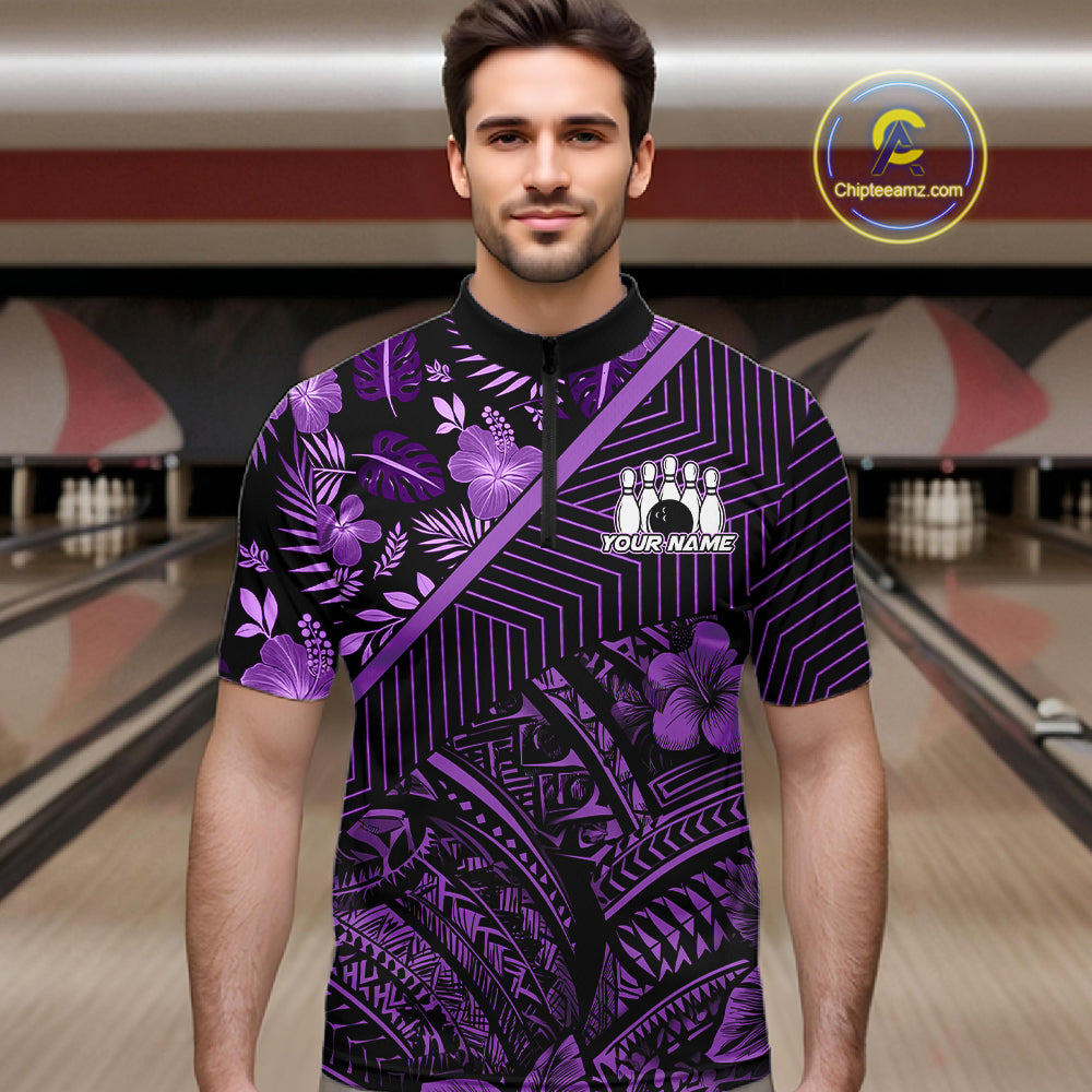 Black and Purple tribal pattern Bowling Polo, 1/4 zip Shirts For Men Custom Team Bowling Jerseys NQS11470