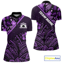 Load image into Gallery viewer, Black and Purple tribal pattern Bowling Polo, 1/4 zip Shirts For Women Custom Team Bowling Jerseys NQS11470