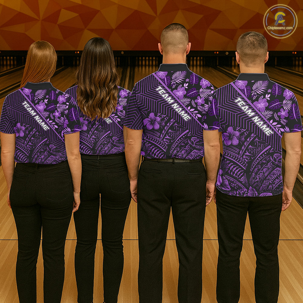 Black and Purple tribal pattern Bowling Polo, 1/4 zip Shirts For Women Custom Team Bowling Jerseys NQS11470