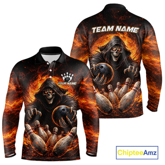 Personalized Skull Bowling Polo, 1/4 zip Jerseys for Men Custom Black and Orange Bowling Team shirts NQS11474