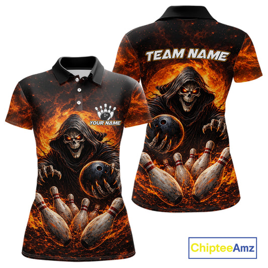 Personalized Skull Bowling Polo, 1/4 zip Jerseys for Women Custom Black and Orange Bowling Team shirt NQS11474