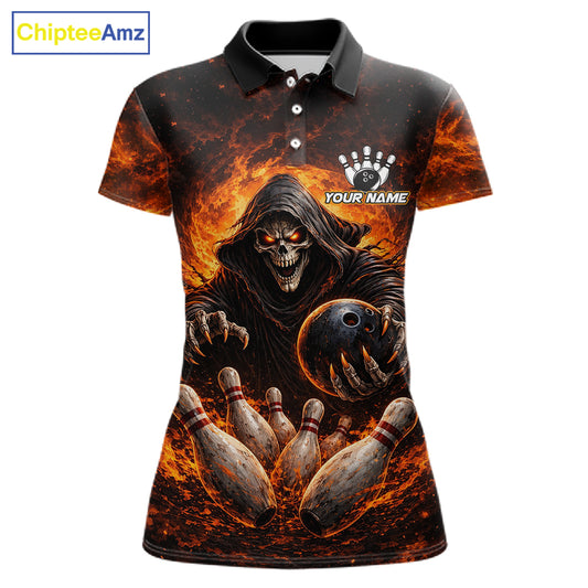 Personalized Skull Bowling Polo, 1/4 zip Jerseys for Women Custom Black and Orange Bowling Team shirt NQS11474