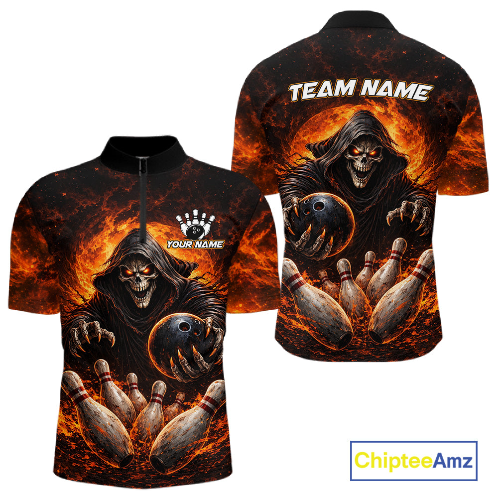 Personalized Skull Bowling Polo, 1/4 zip Jerseys for Men Custom Black and Orange Bowling Team shirts NQS11474