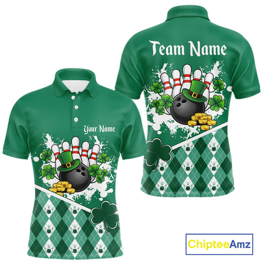 Green argyle pattern St Patrick Bowling Polo, 1/4 zip shirts for Men Custom team bowling jerseys NQS11477