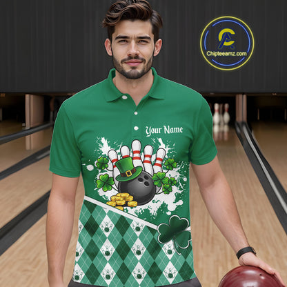 Green argyle pattern St Patrick Bowling Polo, 1/4 zip shirts for Men Custom team bowling jerseys NQS11477