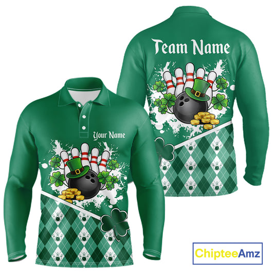 Green argyle pattern St Patrick Bowling Polo, 1/4 zip shirts for Men Custom team bowling jerseys NQS11477