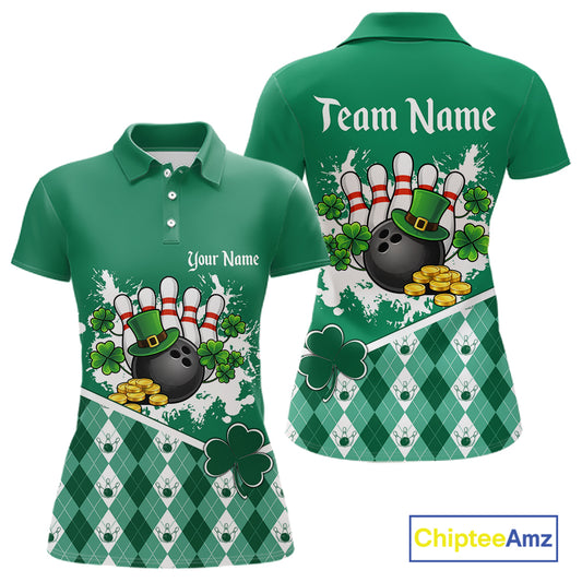 Green argyle pattern St Patrick Bowling Polo, 1/4 zip shirts for Women Custom team bowling jerseys NQS11477