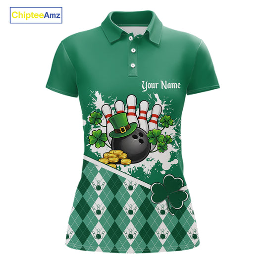 Green argyle pattern St Patrick Bowling Polo, 1/4 zip shirts for Women Custom team bowling jerseys NQS11477