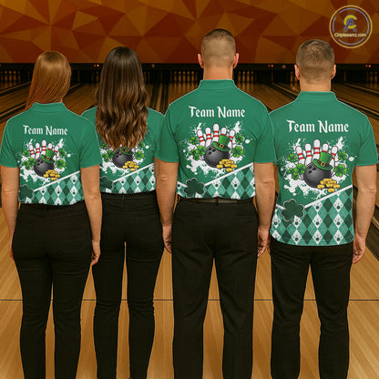 Green argyle pattern St Patrick Bowling Polo, 1/4 zip shirts for Women Custom team bowling jerseys NQS11477