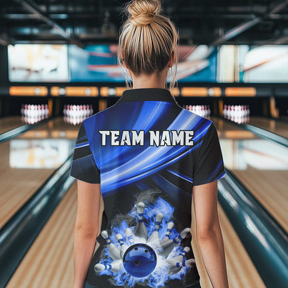 Personalized Black and Blue Smoke Flame Bowling Polo, 1/4 Zip Shirts For Women, cool bowling jerseys NQS9543