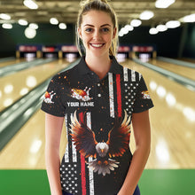 Load image into Gallery viewer, Personalized Black American Flag Flame Eagle Bowling Shirts For Women Custom patriotic bowling jerseys NQS9549
