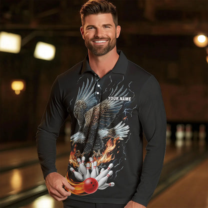 Black Mens Bowling Polo, 1/4 Zip Shirt Custom Flame Eagle Lightning bowling outfit gifts for bowlers NQS9707