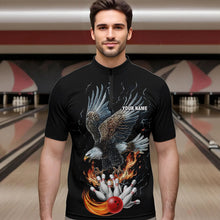Load image into Gallery viewer, Black Mens Bowling Polo, 1/4 Zip Shirt Custom Flame Eagle Lightning bowling outfit gifts for bowlers NQS9707