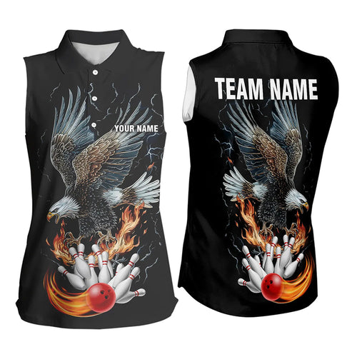 Black Bowling Sleeveless Polo Shirt Custom Flame Eagle Lightning bowling outfit gifts for bowlers NQS9707