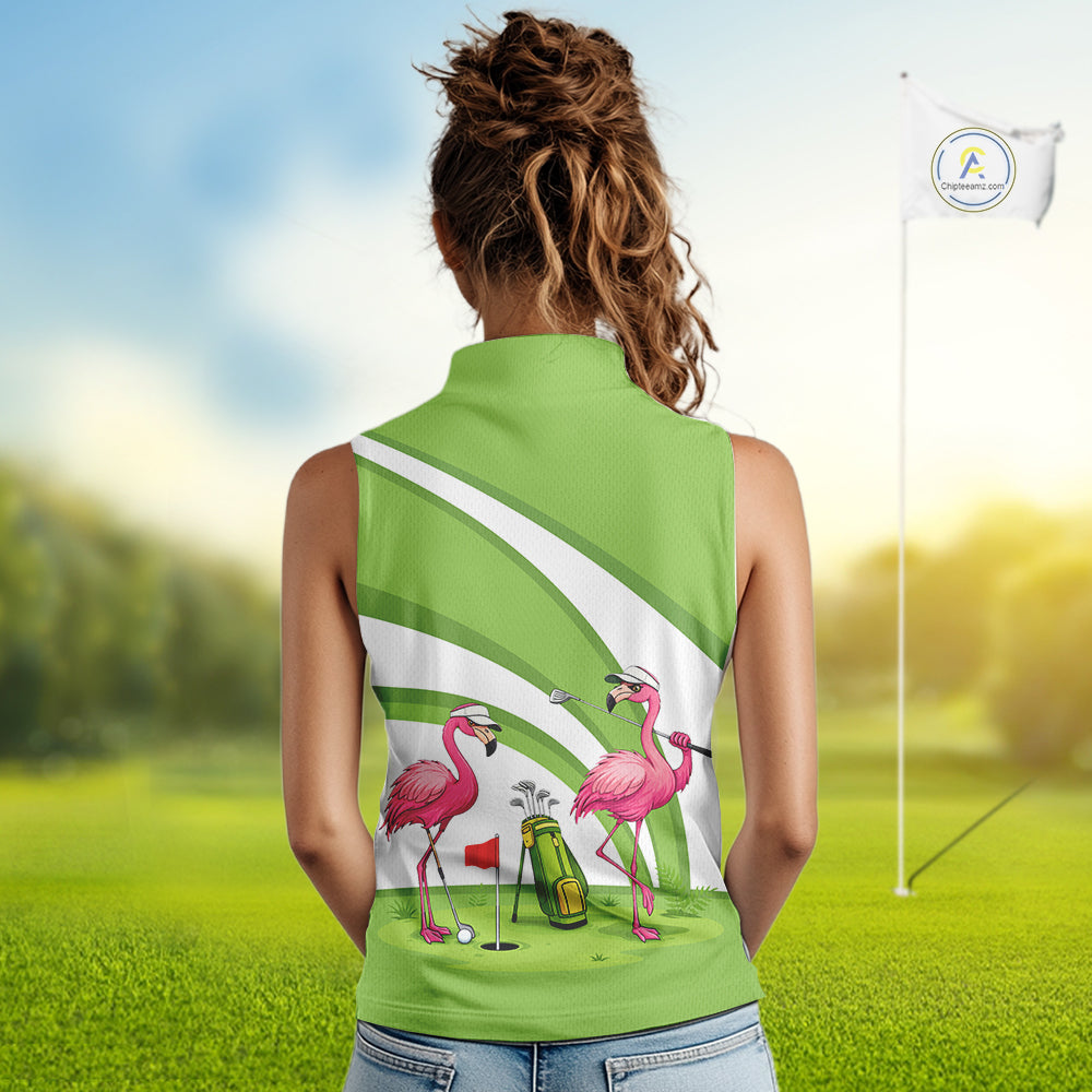 Funny Pink Flamingo Sleeveless Golf Polo Shirts for Women Custom Green and White ladies golf attire NQS11747