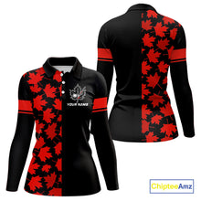Load image into Gallery viewer, Black and Red maple leaf pattern Women golf polo shirt Custom Canadian Flag patriotic ladies golf top NQS10139