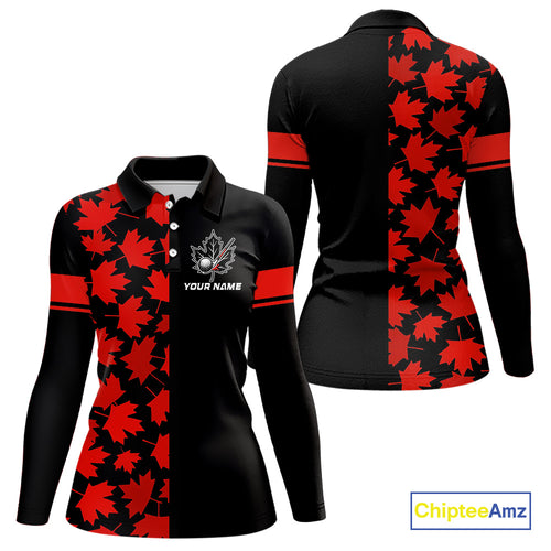 Black and Red maple leaf pattern Women golf polo shirt Custom Canadian Flag patriotic ladies golf top NQS10139