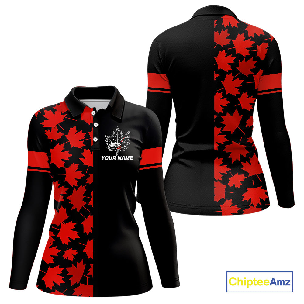 Black and Red maple leaf pattern Women golf polo shirt Custom Canadian Flag patriotic ladies golf top NQS10139