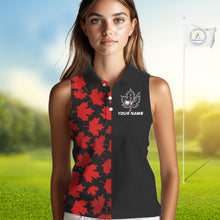 Load image into Gallery viewer, Black and Red maple leaf pattern Women sleeveless polo shirt Custom Canadian Flag patriotic golf top NQS10139