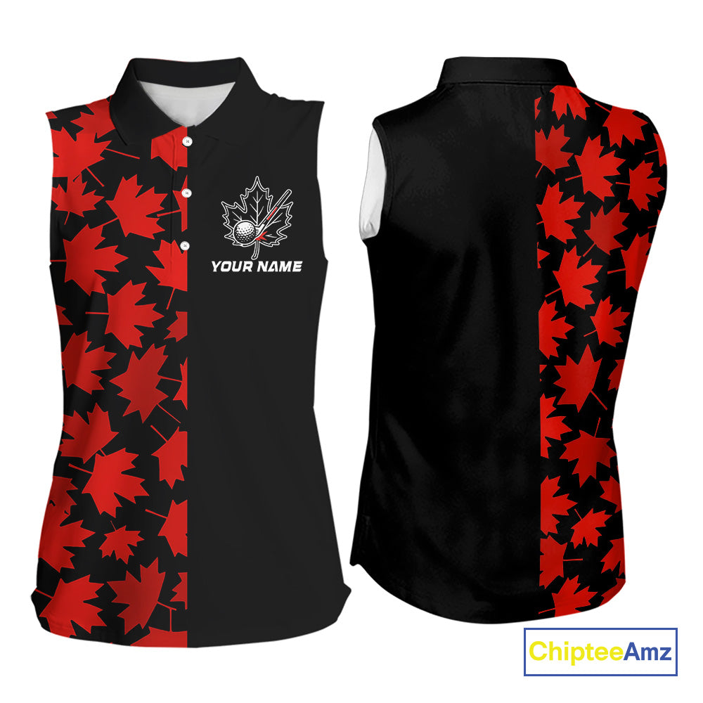 Black and Red maple leaf pattern Women sleeveless polo shirt Custom Canadian Flag patriotic golf top NQS10139