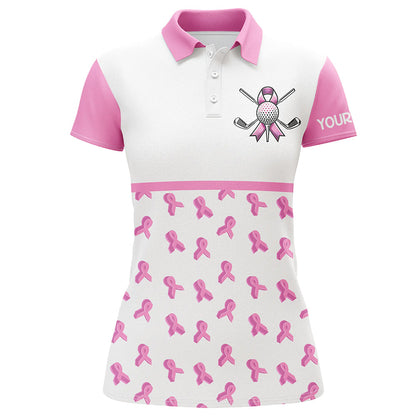Pink ribbon pattern Women Golf Polo Shirt custom breast cancer awareness month shirt women golf outfit NQS8492