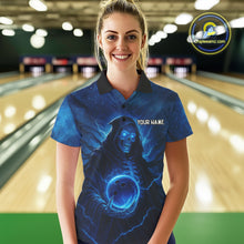 Load image into Gallery viewer, Blue Thunder Lightning Skull Reaper Bowling Shirts For Women Custom Team Bowling Jerseys For Bowlers NQS10679