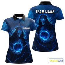 Load image into Gallery viewer, Blue Thunder Lightning Skull Reaper Bowling Shirts For Women Custom Team Bowling Jerseys For Bowlers NQS10679