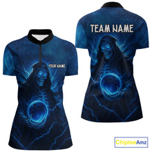 Load image into Gallery viewer, Blue Thunder Lightning Skull Reaper Bowling Shirts For Women Custom Team Bowling Jerseys For Bowlers NQS10679