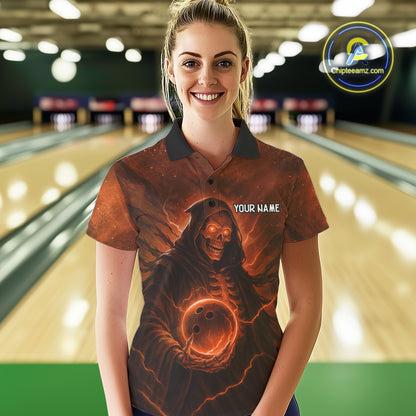 Orange Thunder Lightning Skull Reaper Bowling Shirts For Women Custom Halloween Team Bowling Jerseys NQS10680