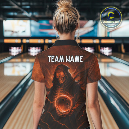 Orange Thunder Lightning Skull Reaper Bowling Shirts For Women Custom Halloween Team Bowling Jerseys NQS10680