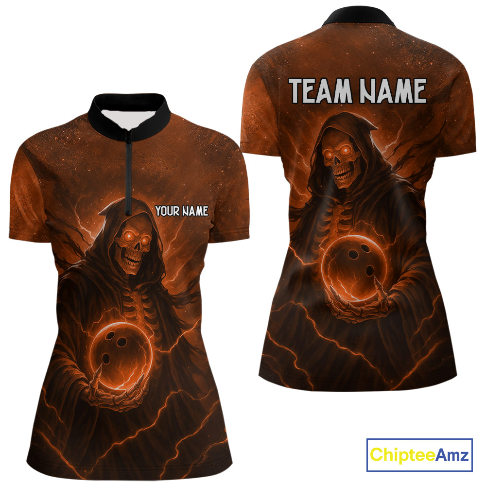 Orange Thunder Lightning Skull Reaper Bowling Shirts For Women Custom Halloween Team Bowling Jerseys NQS10680
