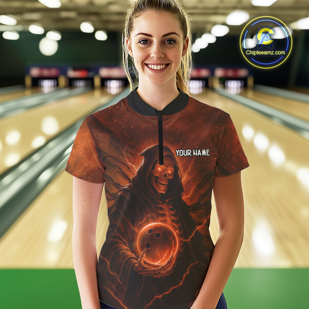 Orange Thunder Lightning Skull Reaper Bowling Shirts For Women Custom Halloween Team Bowling Jerseys NQS10680