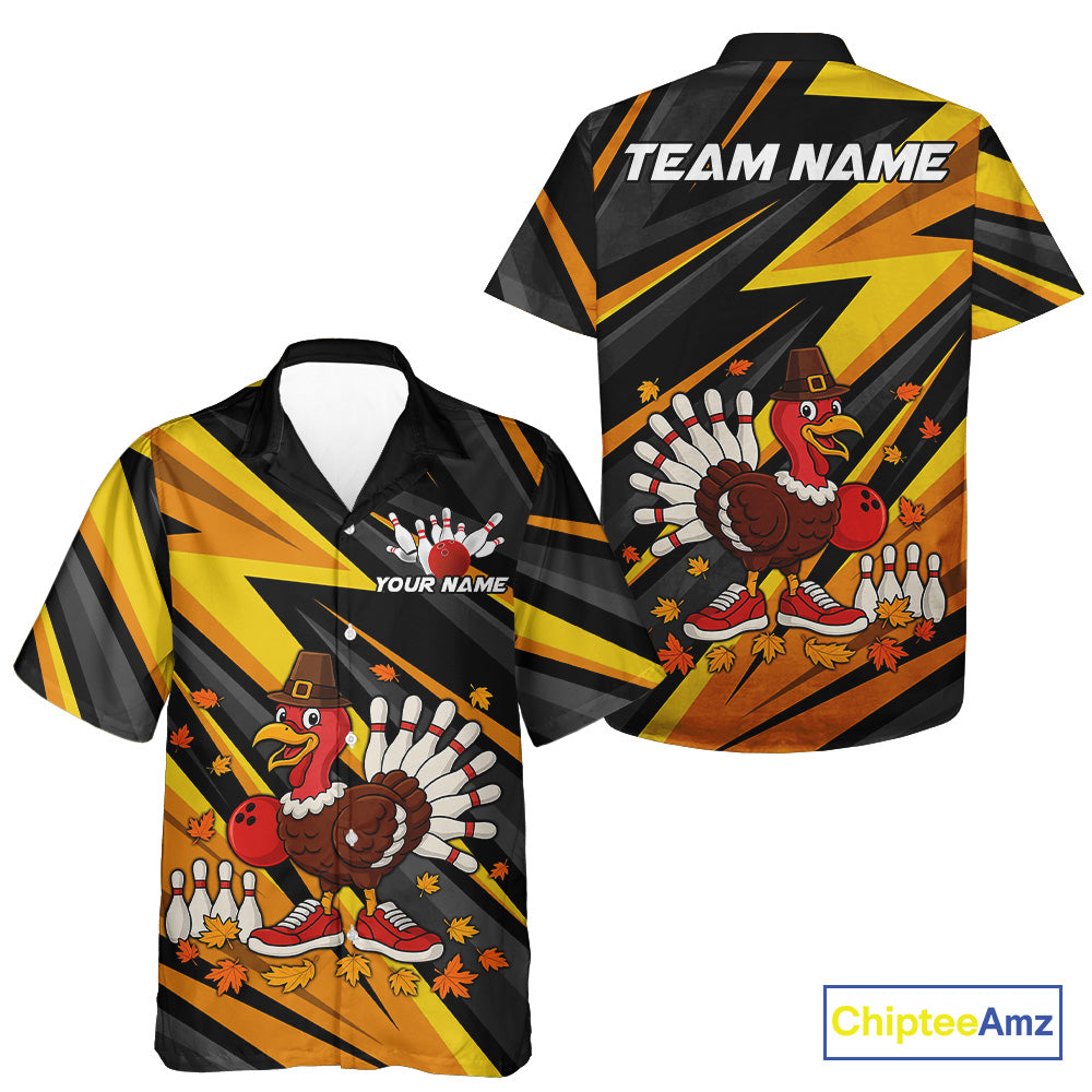Custom Funny Turkey Bowling Hawaiian Shirt, Black and Yellow Camo Thanksgiving Bowling Shirt Team NQS10683