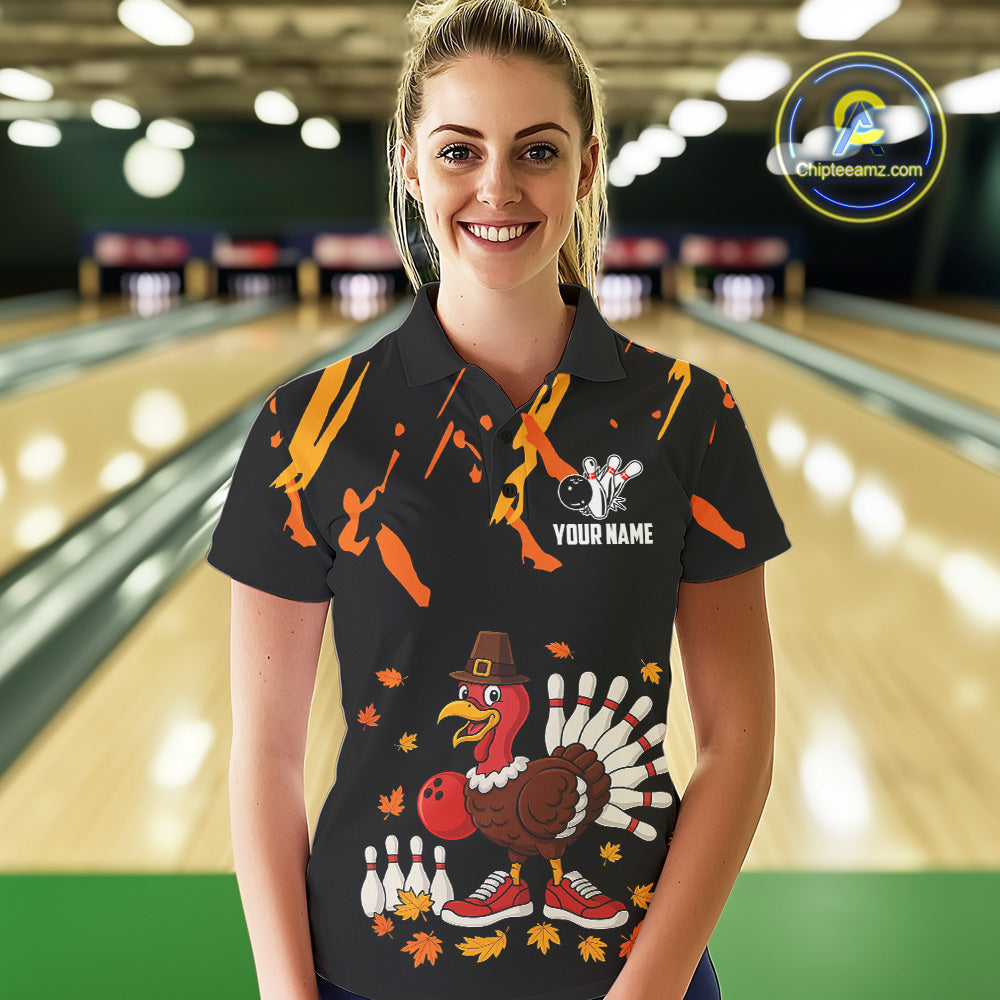 Custom Turkey Bowling Shirts For Women, Black and Orange Thanksgiving Autumn Team Bowling Jersey NQS10684