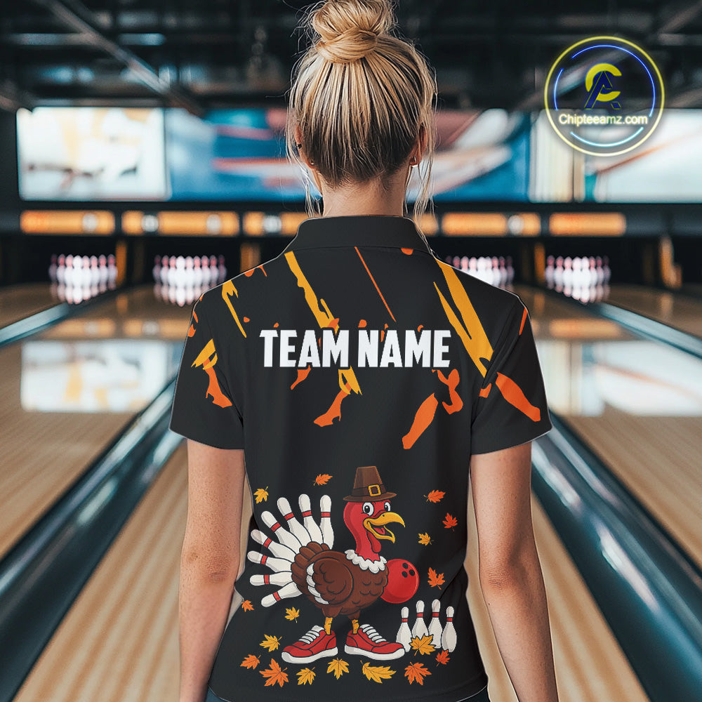 Custom Turkey Bowling Shirts For Women, Black and Orange Thanksgiving Autumn Team Bowling Jersey NQS10684
