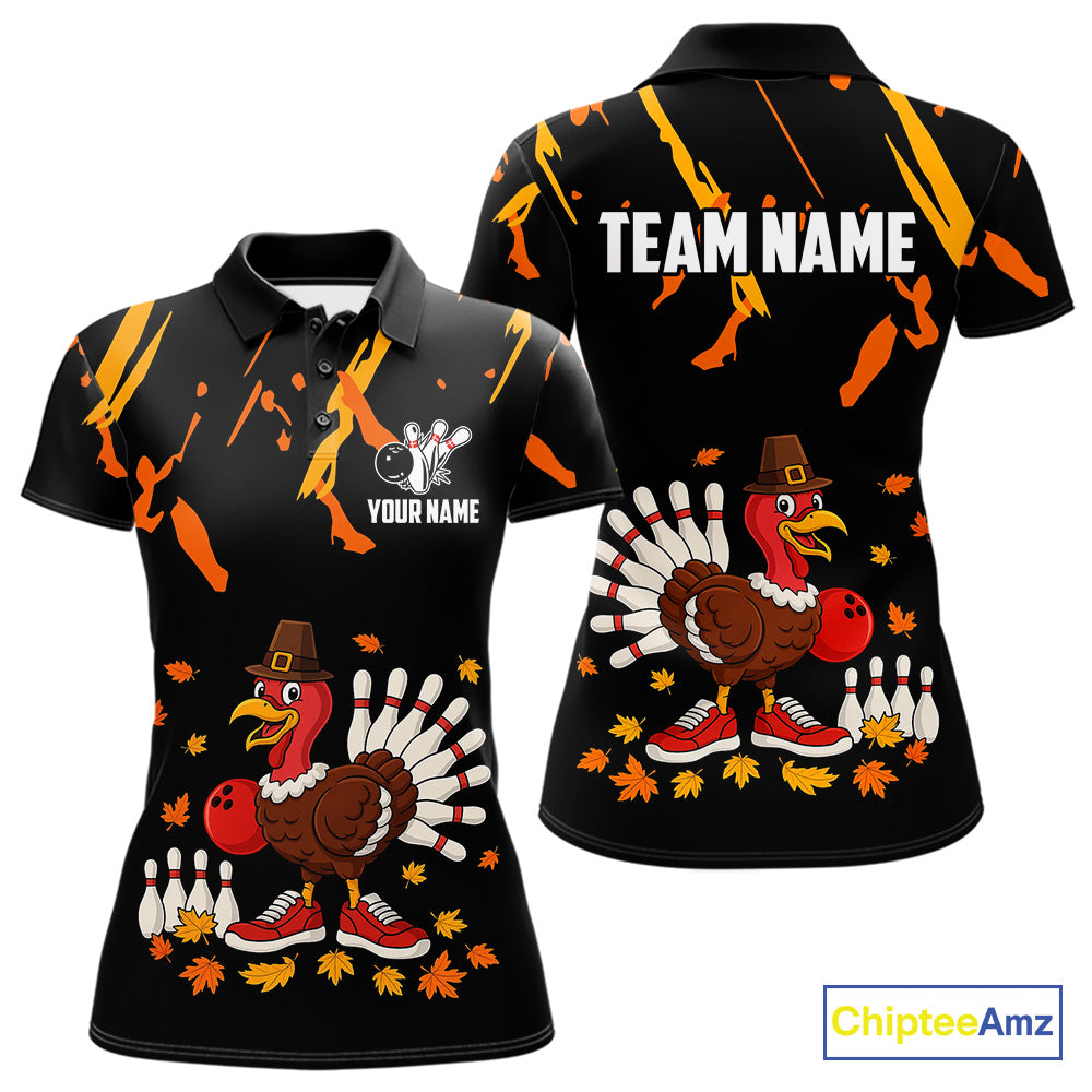 Custom Turkey Bowling Shirts For Women, Black and Orange Thanksgiving Autumn Team Bowling Jersey NQS10684