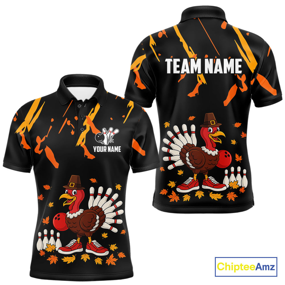 Custom Turkey Bowling Shirts For Men, Black and Orange Thanksgiving Autumn Team Bowling Jersey NQS10684
