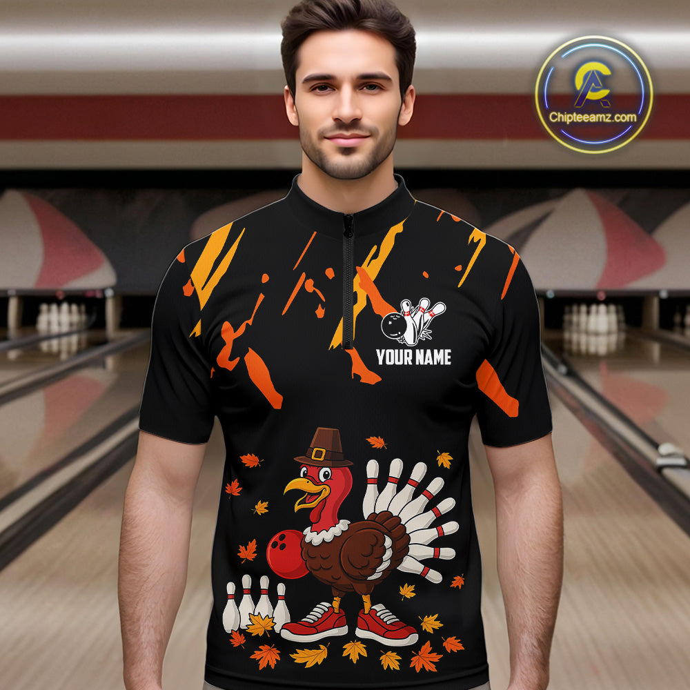 Custom Turkey Bowling Shirts For Men, Black and Orange Thanksgiving Autumn Team Bowling Jersey NQS10684