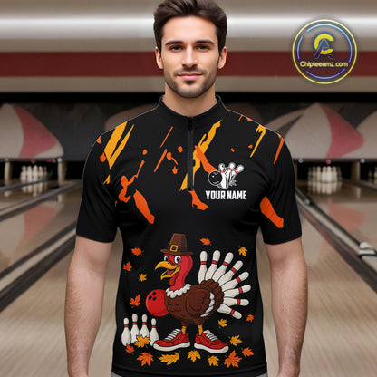 Custom Turkey Bowling Shirts For Men, Black and Orange Thanksgiving Autumn Team Bowling Jersey NQS10684