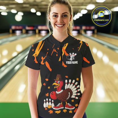 Custom Turkey Bowling Shirts For Women, Black and Orange Thanksgiving Autumn Team Bowling Jersey NQS10684