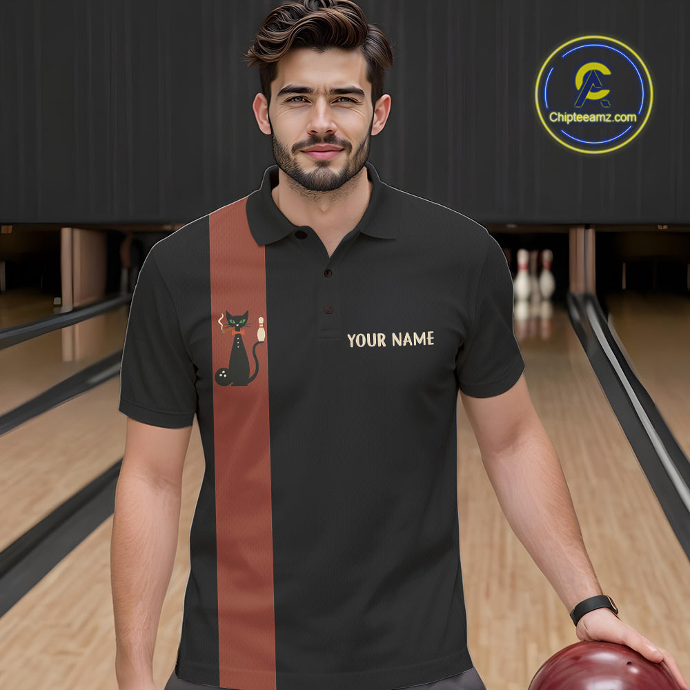 Custom retro bowling shirts Black and Orange Funny Cat Bowling jersey for men Team Bowling Outfit NQS11073