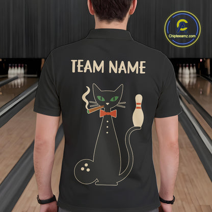 Custom retro bowling shirts Black and Orange Funny Cat Bowling jersey for men Team Bowling Outfit NQS11073