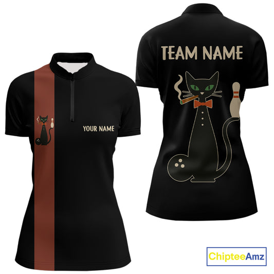 Custom retro bowling shirts Black and Orange Funny Cat Bowling jersey for Women Team Bowling Outfit NQS11073