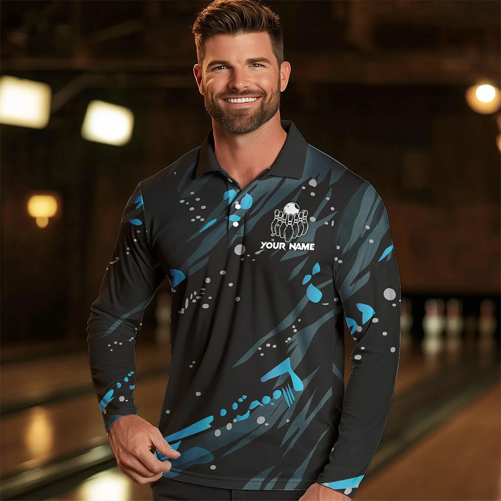 Personalized Blue Camo Bowling Team Shirts For Men Custom Bowling Team jerseys, Gifts For Bowler NQS9718